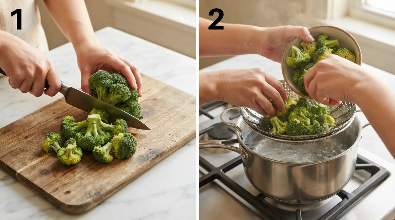 Cutting fresh broccoli crown into evenly sized florets on a wooden board / Placing broccoli florets into a steamer basket over simmering water