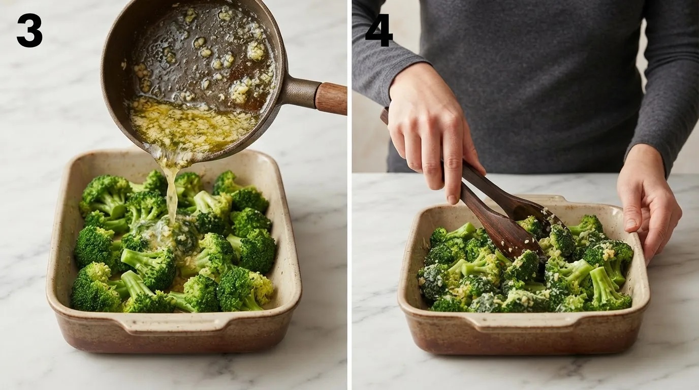 Pouring melted garlic butter over steamed broccoli florets in a broiler-safe dish / Tossing broccoli florets with tongs to coat evenly in garlic butter