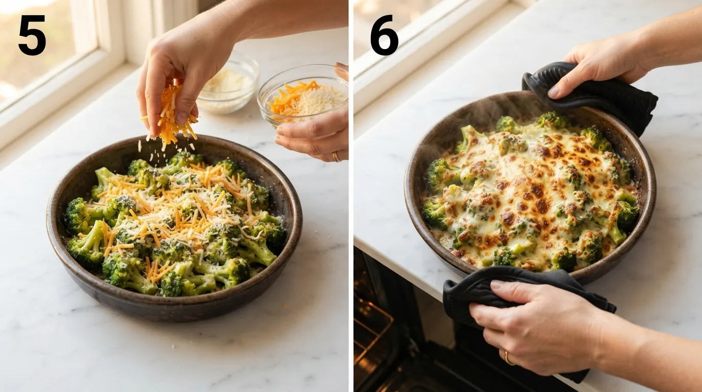 Sprinkling shredded cheddar and parmesan evenly over buttered broccoli florets / Finished cheesy broccoli pulled from the oven with golden-brown melted top