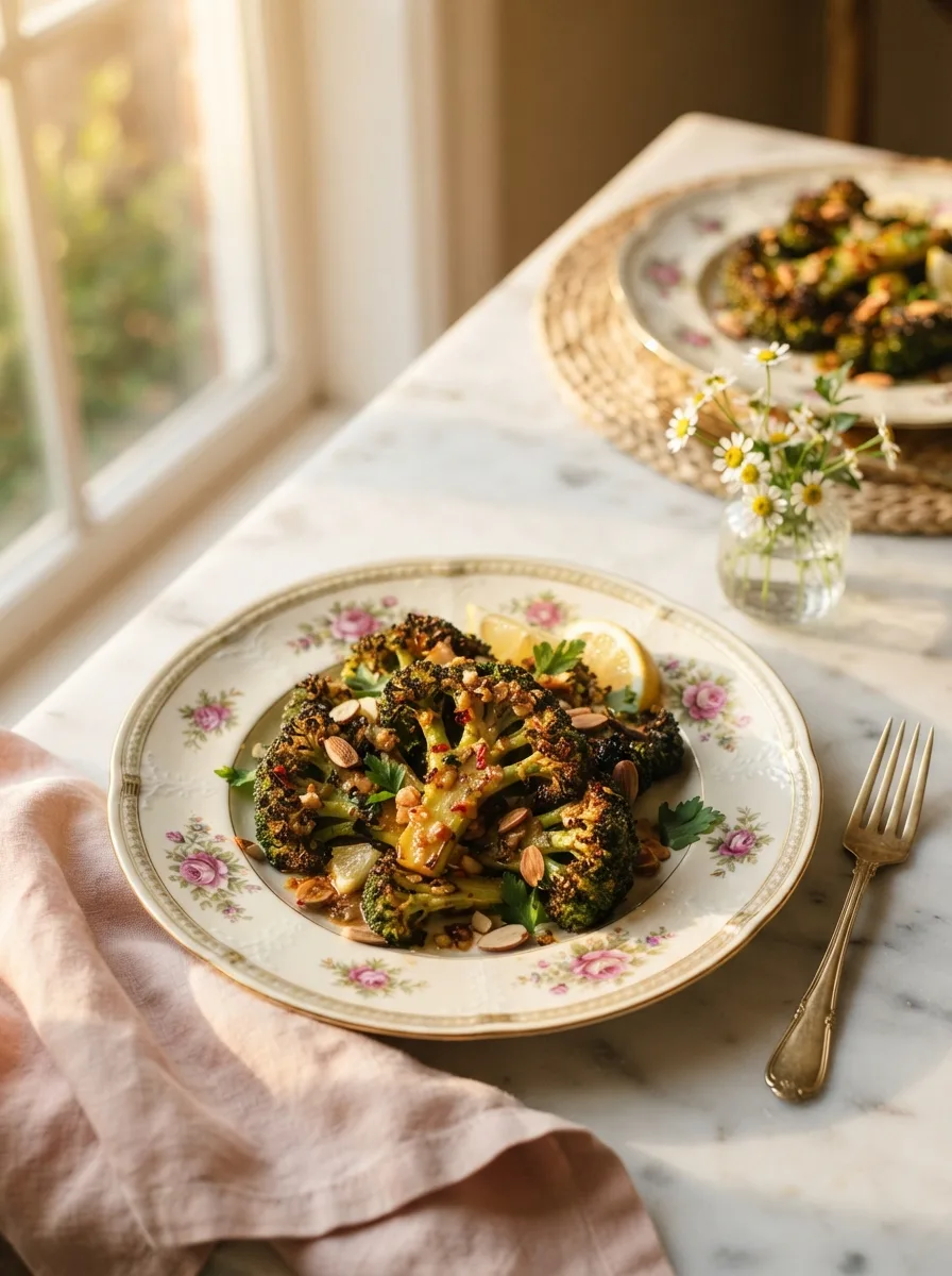 Cheesy outback restaurant broccoli recipe served at a warmly styled dinner table setting