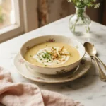 Bowl of creamy parsnip and leek soup topped with crispy leeks and fresh chives