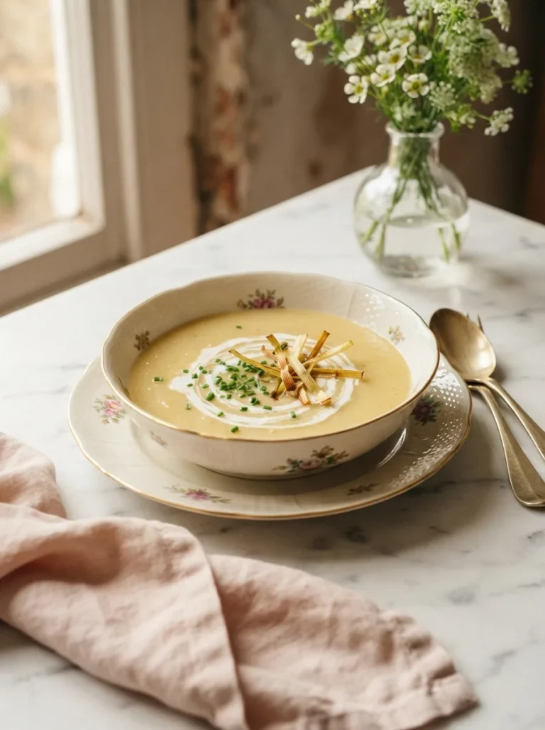 Bowl of creamy parsnip and leek soup topped with crispy leeks and fresh chives