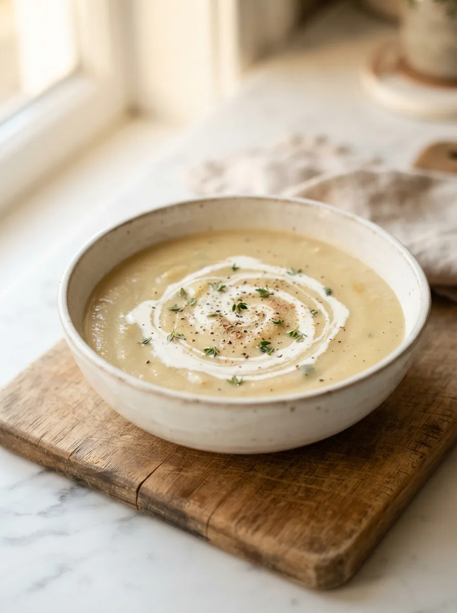 Close-up of silky parsnip soup texture with a swirl of cream on top