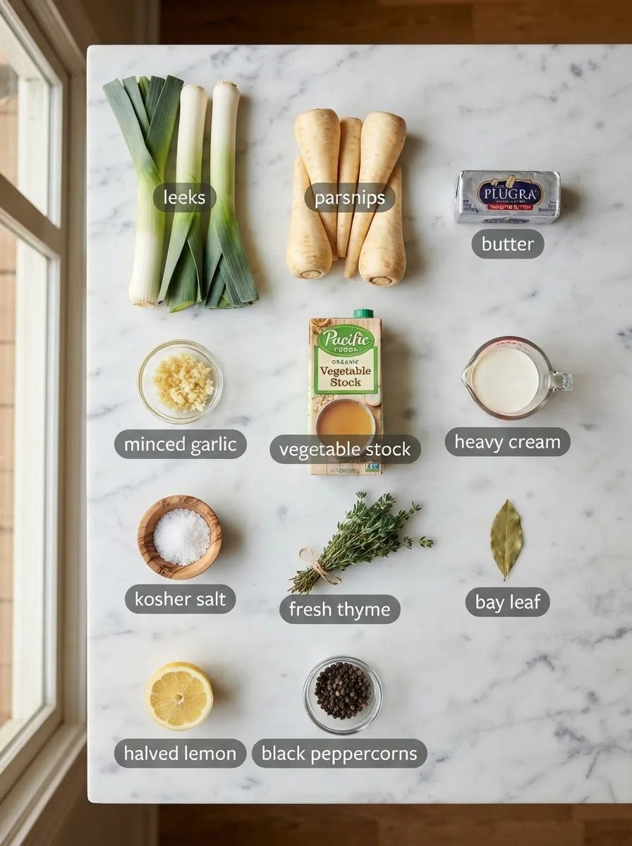 Overhead flat lay of parsnip and leek soup ingredients including leeks and parsnips