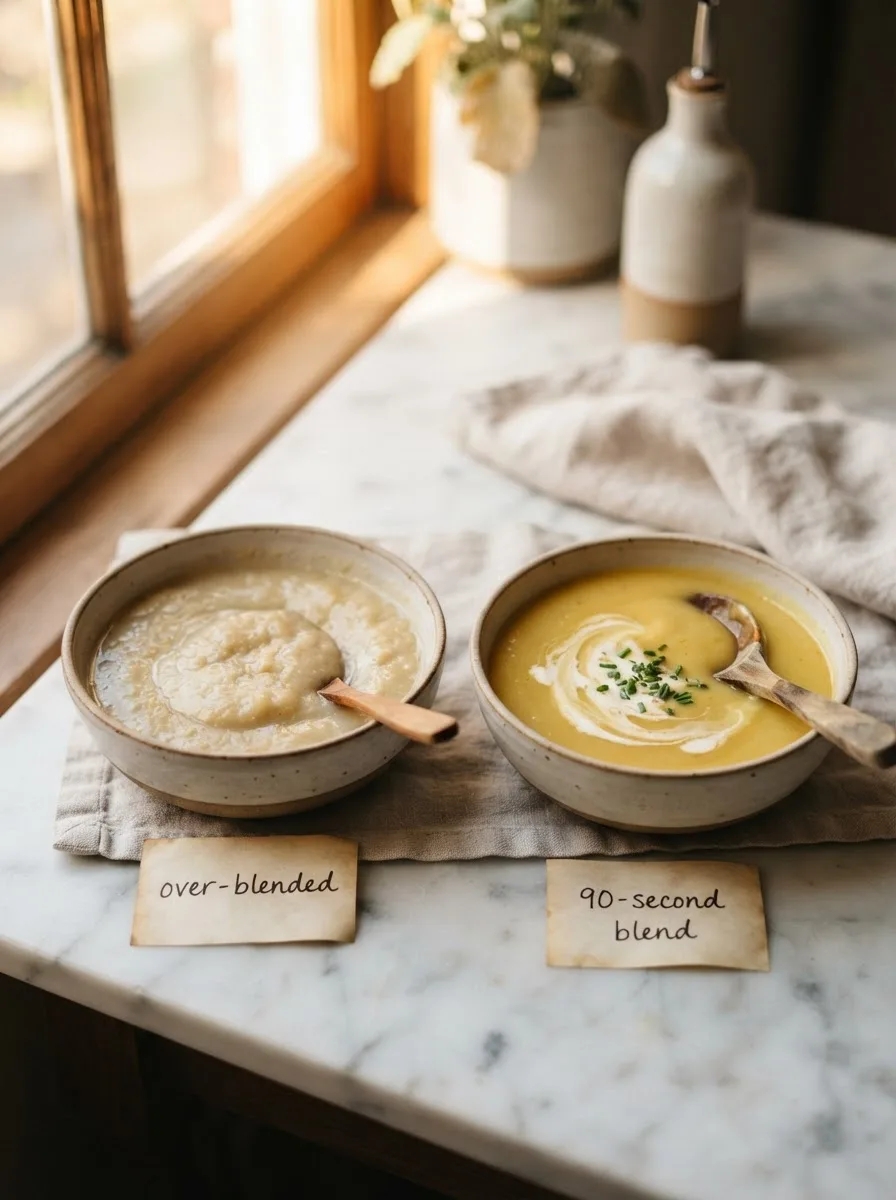 Comparison of over-blended gluey soup versus silky properly blended parsnip soup