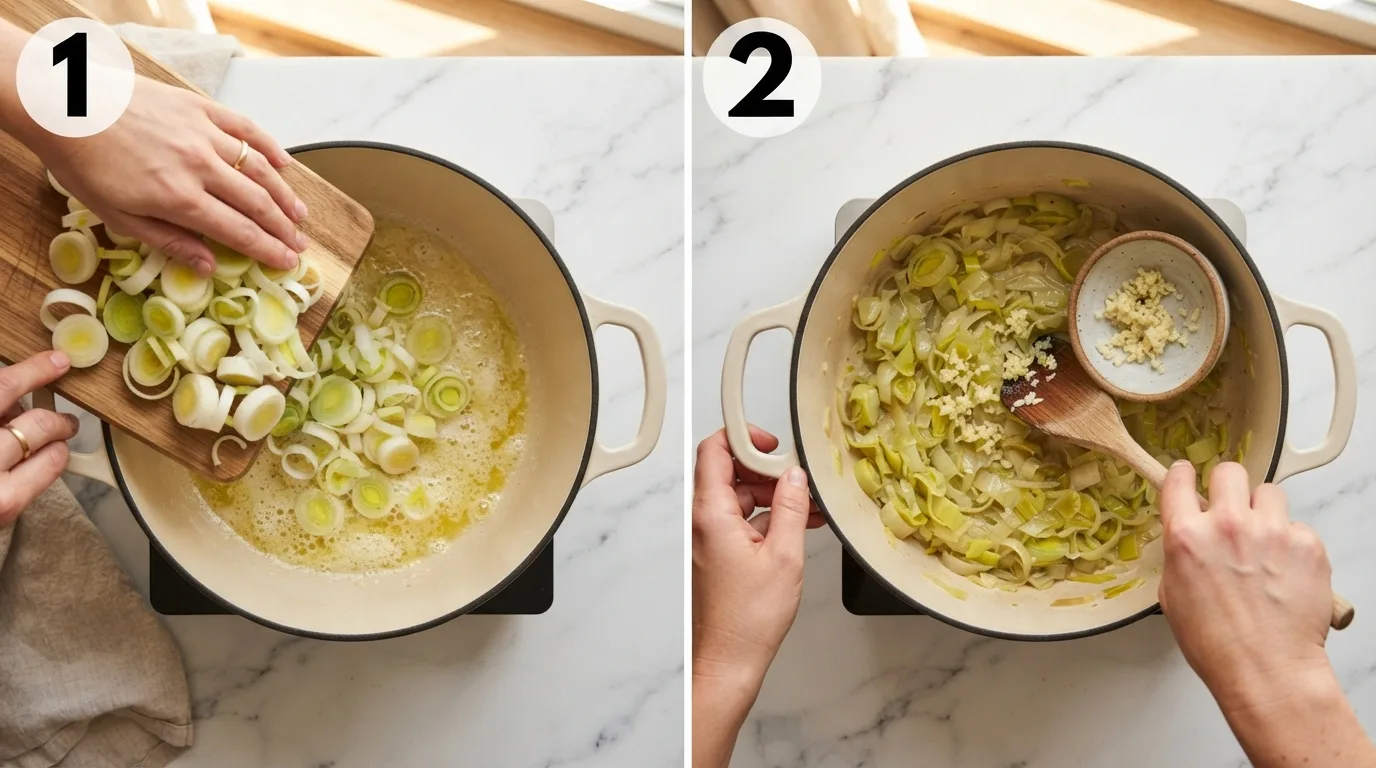 Adding sliced leeks to melted butter in a Dutch oven / Adding minced garlic to softened leeks in the pot