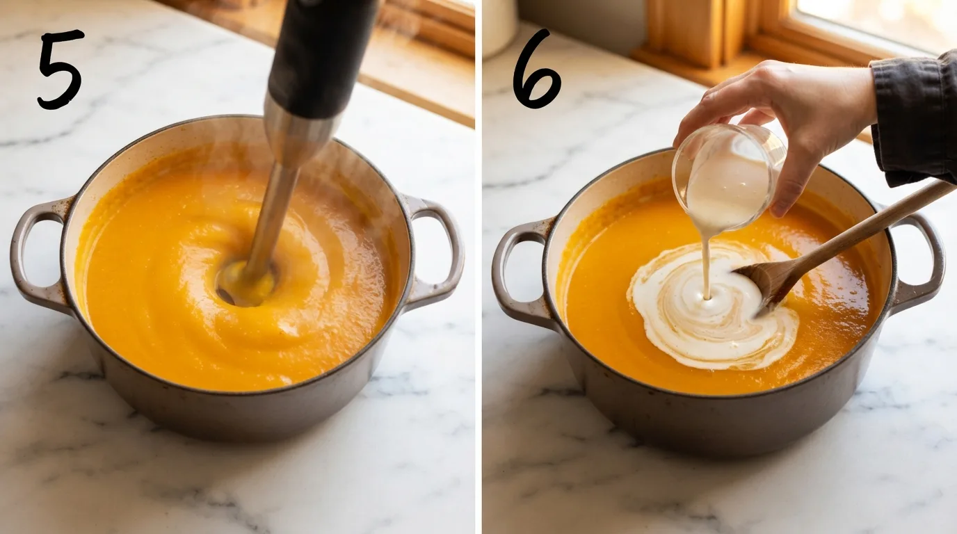 Blending parsnip and leek soup with an immersion blender until glossy / Pouring cream into finished parsnip leek soup