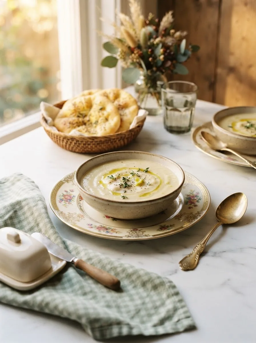 Table scene with parsnip and leek soup served with warm flatbread