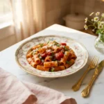Foolproof pasta asciutta with silky tomato sauce clinging to rigatoni on a floral plate