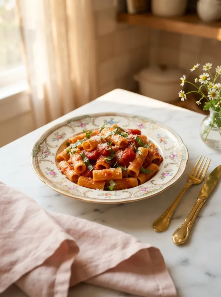 Foolproof pasta asciutta with silky tomato sauce clinging to rigatoni on a floral plate