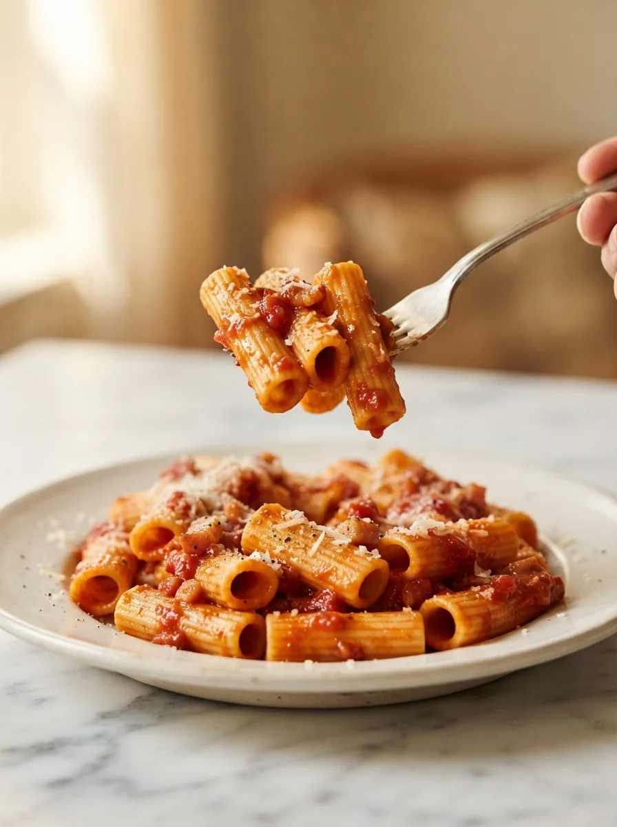 Forkful of tomato pasta asciutta showing thick sauce coating ridged rigatoni
