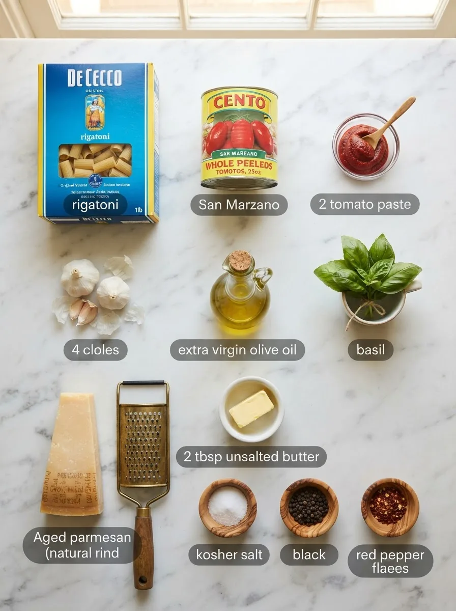 Ingredients for pasta asciutta laid out on marble, including tomatoes, garlic, and parmesan