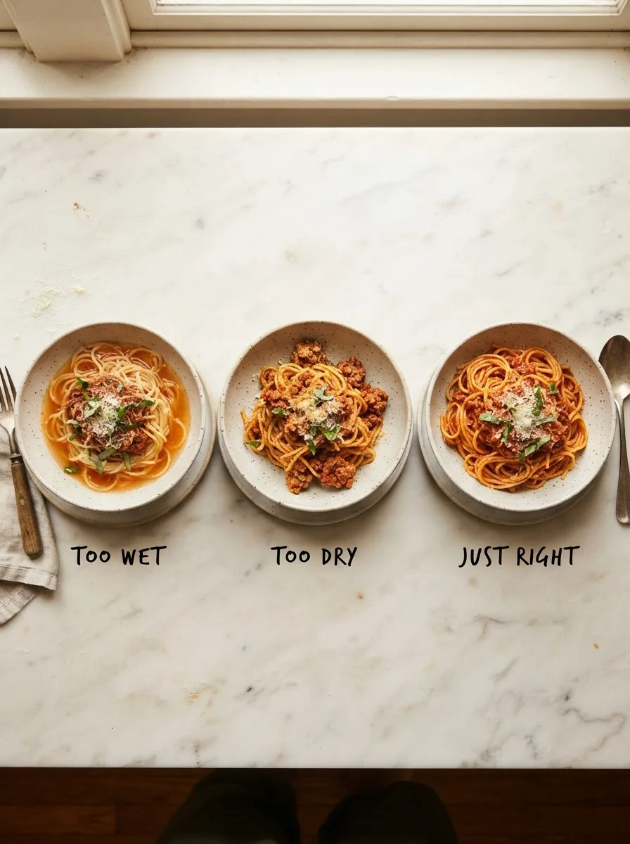 Comparison of pasta asciutta texture — too wet, too dry, and properly clinging sauce