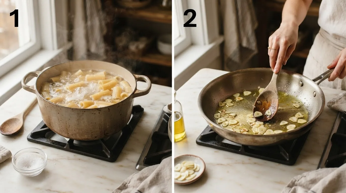 Rigatoni pasta boiling in a large pot of generously salted water / Sliced garlic sizzling gently in olive oil for pasta asciutta sauce