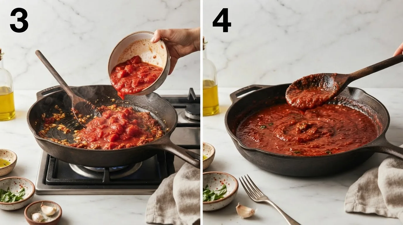 Crushed San Marzano tomatoes stirred into garlic and tomato paste base / Thickened tomato sauce coating the back of a wooden spoon