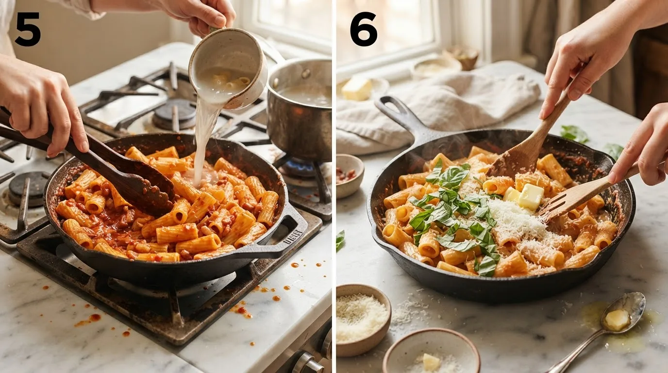 Tossing rigatoni into tomato sauce with a splash of reserved pasta water / Stirring butter and parmesan into finished pasta asciutta with fresh basil