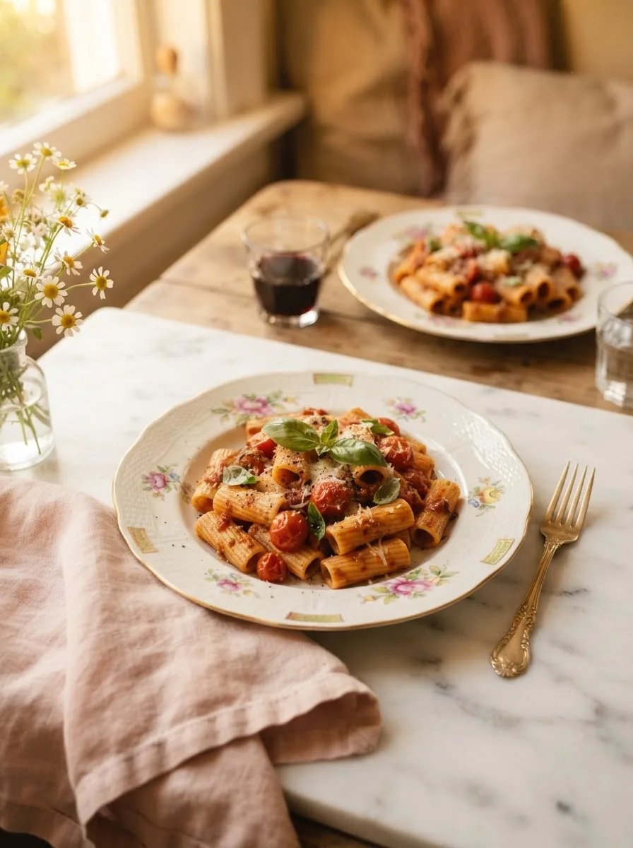 Pasta asciutta served at a table with gold flatware and fresh flowers