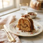 Sliced pecan caramel cinnamon roll pound cake with a visible swirl and caramel drip