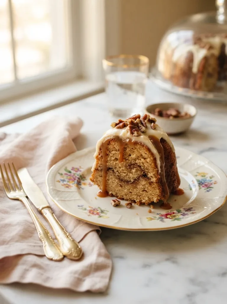 Sliced pecan caramel cinnamon roll pound cake with a visible swirl and caramel drip