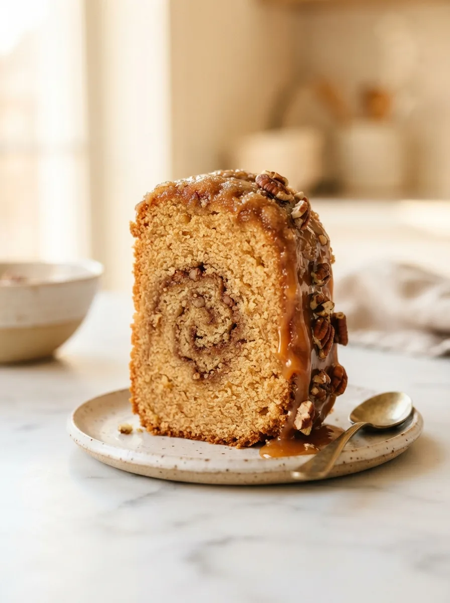 Slice of cinnamon roll pound cake showing swirl suspended through the crumb, not sunk