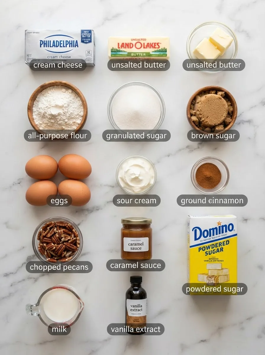 Ingredients for pecan caramel cinnamon roll pound cake measured into bowls on marble