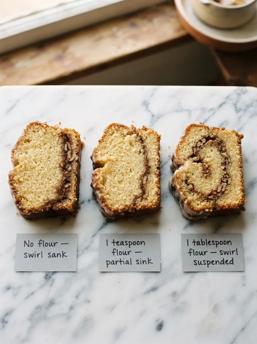 Three slice comparison showing cinnamon swirl sunk, partially sunk, and fully suspended
