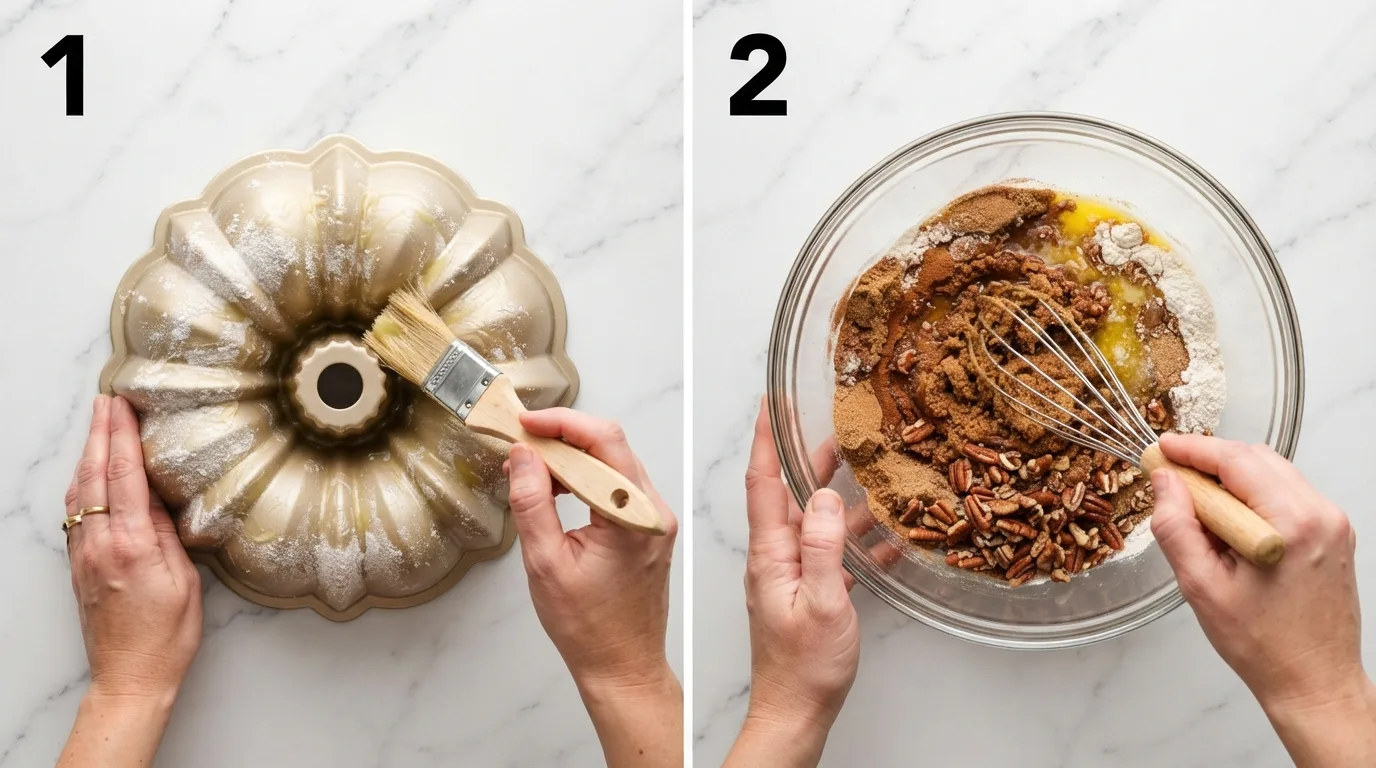 Greasing and flouring the ridges of a gold bundt pan / Whisking brown sugar, cinnamon, and flour with melted butter and pecans
