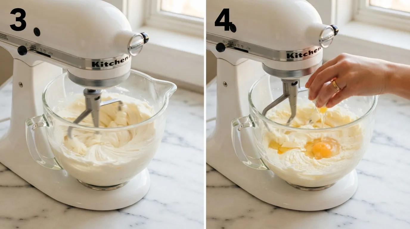 Stand mixer beating butter and cream cheese until pale and smooth / Cracking an egg into pound cake batter in a stand mixer bowl