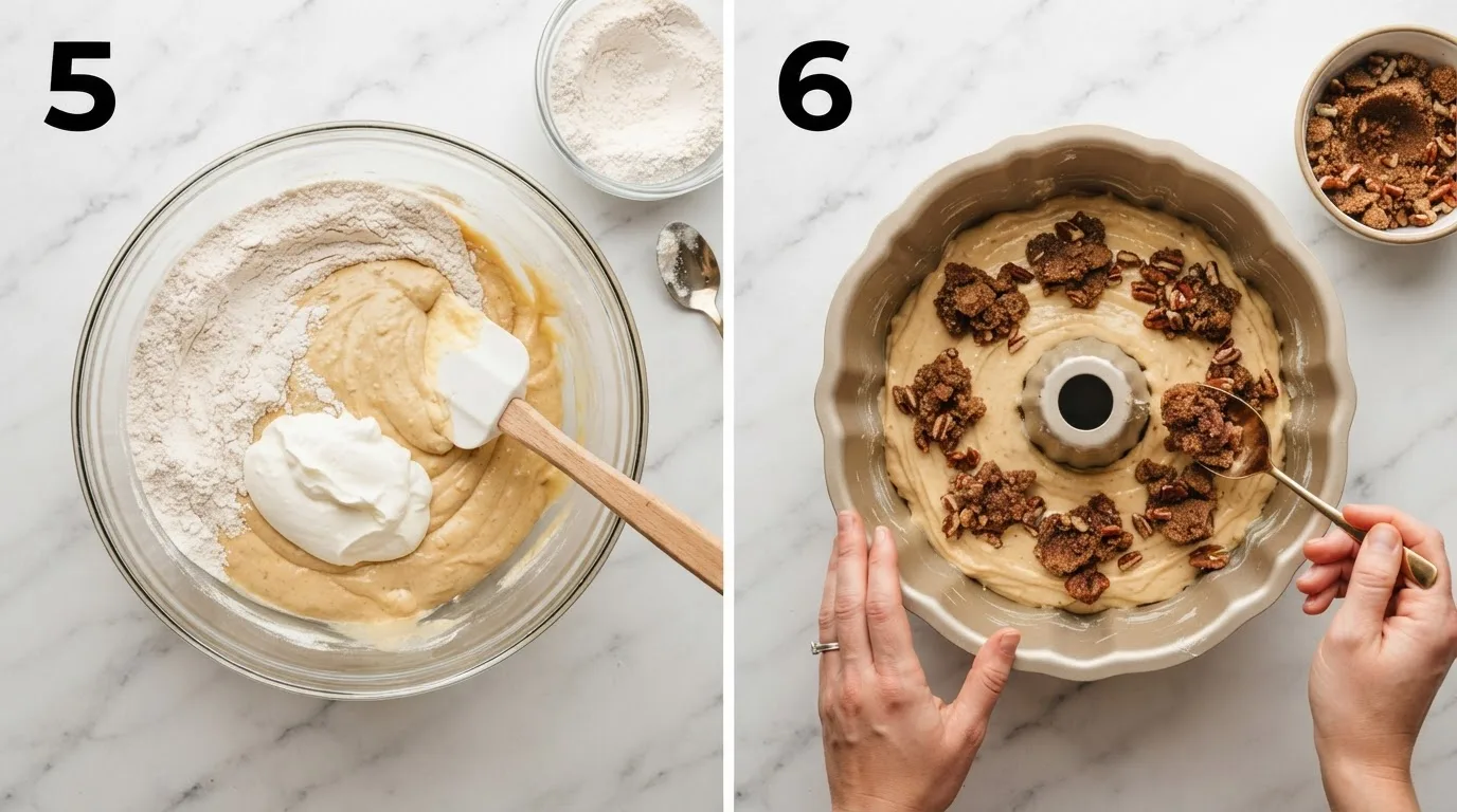 Folding dry ingredients and sour cream into pound cake batter / Spooning cinnamon pecan filling into layers of batter in a bundt pan