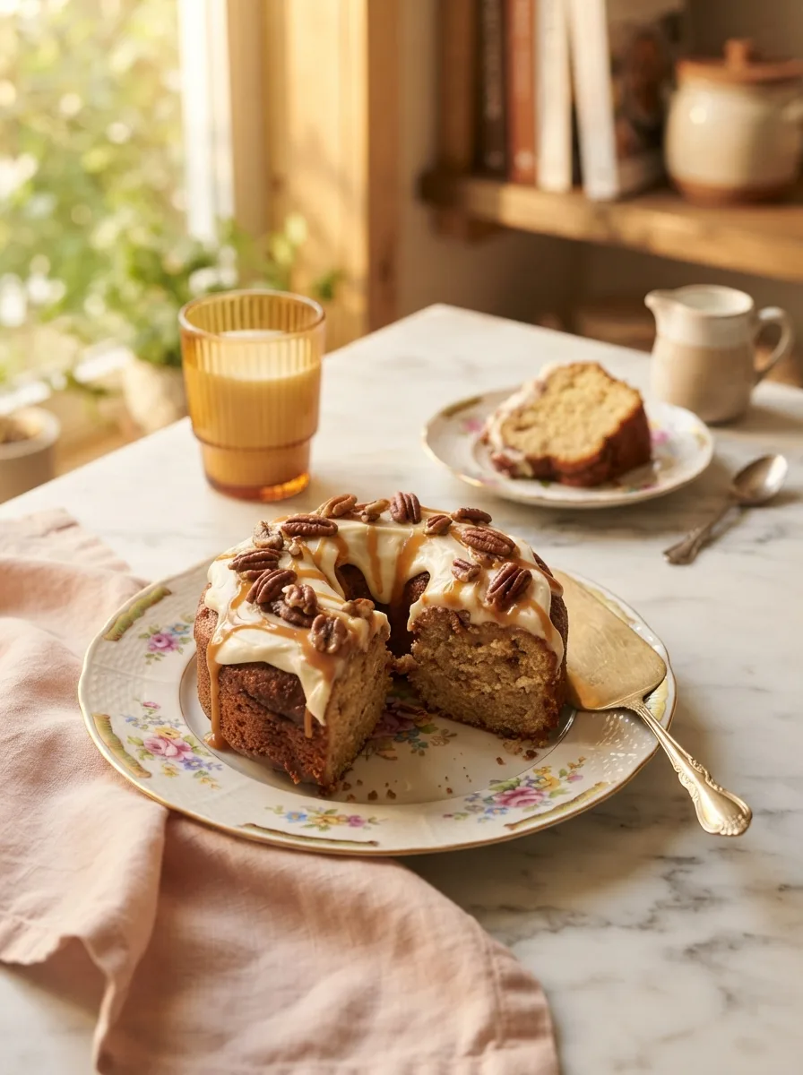 Cinnamon roll pound cake served with milk on a floral plate at a styled breakfast table