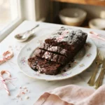 Fudgy peppermint brownie bread sliced open on a floral plate with candy cane pieces scattered around