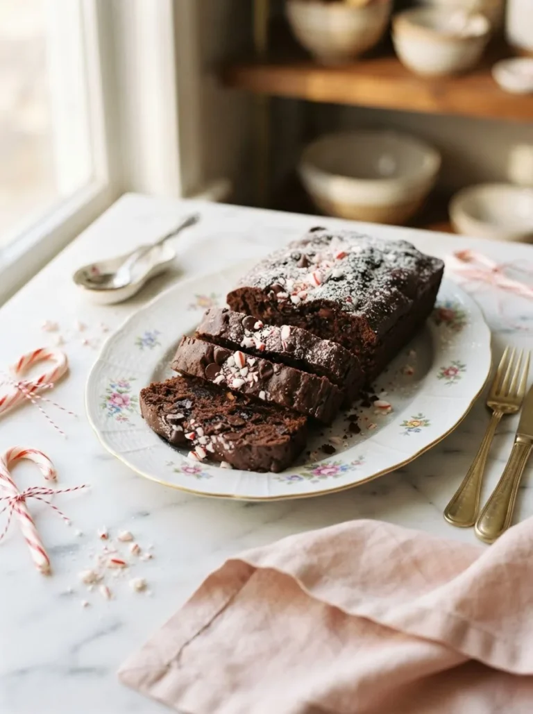 Fudgy peppermint brownie bread sliced open on a floral plate with candy cane pieces scattered around