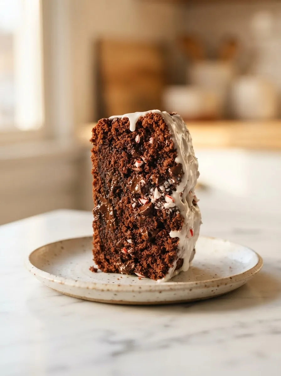 Close-up slice of fudgy brownie bread with melted chocolate chips and dripping peppermint glaze