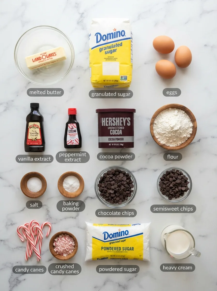 Ingredients for peppermint brownie bread in bowls: cocoa, flour, chocolate chips, candy canes, eggs