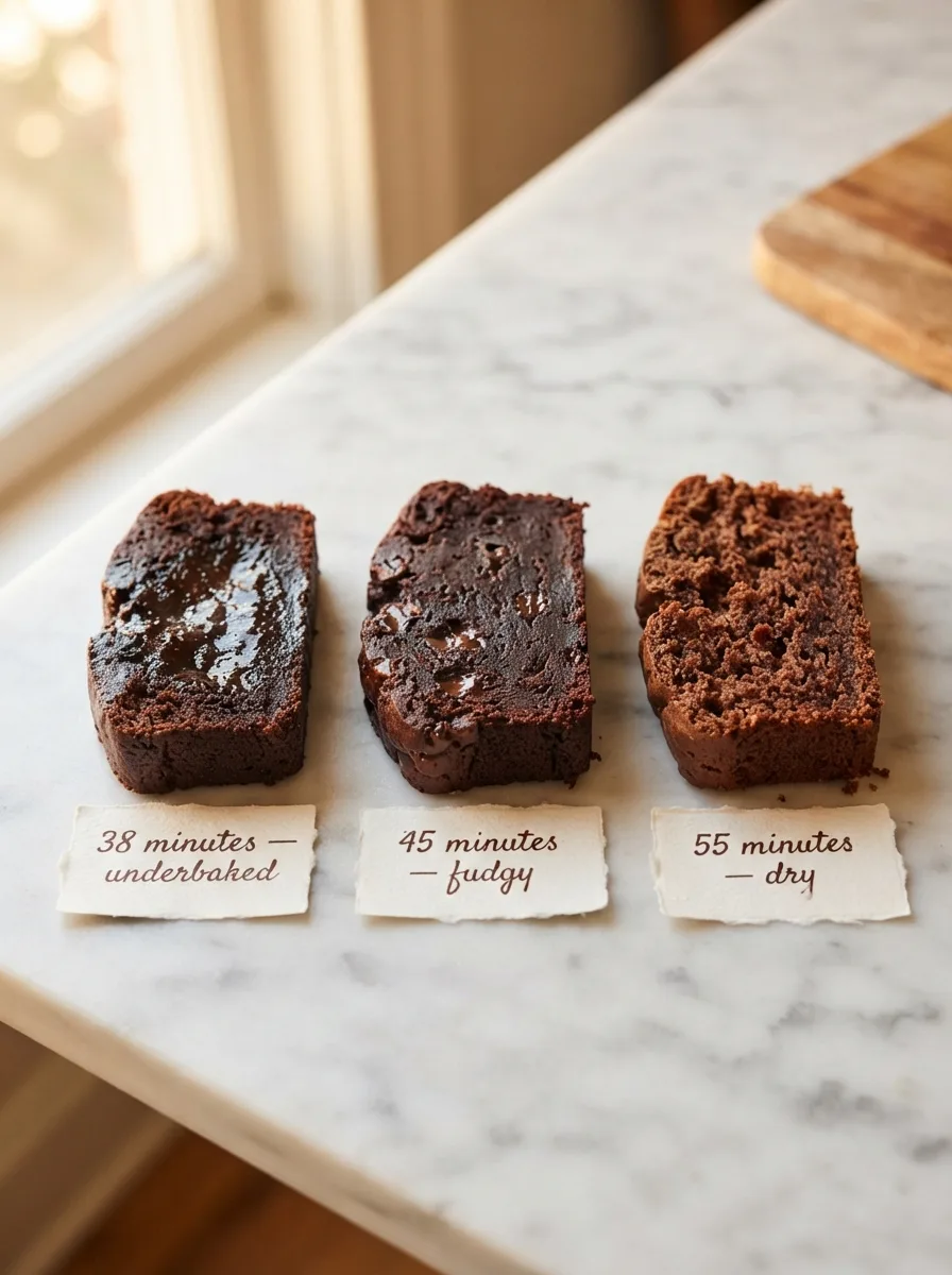 Three brownie bread slices compared at 38, 45, and 55 minutes bake time showing texture differences