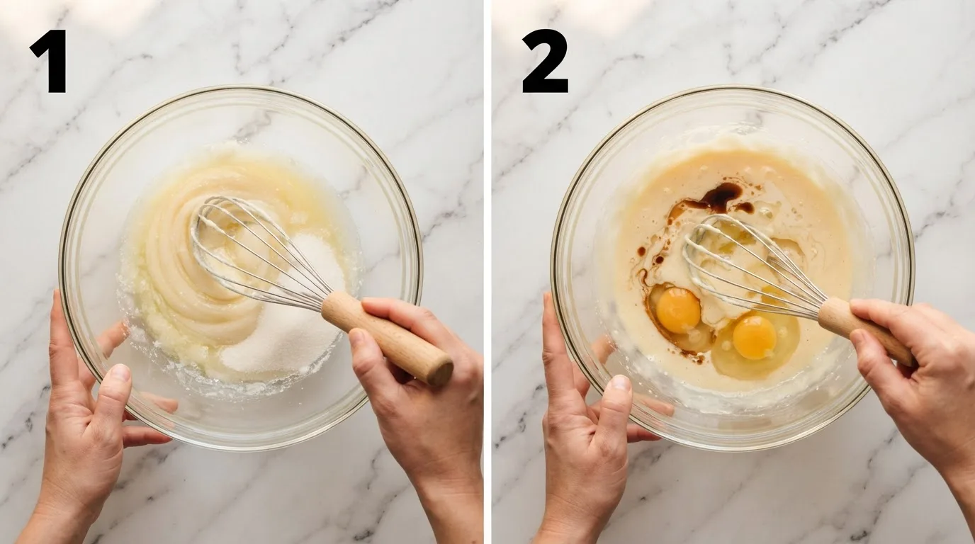Whisking melted butter and sugar in a glass bowl until pale and glossy / Whisking eggs and peppermint extract into brownie bread batter
