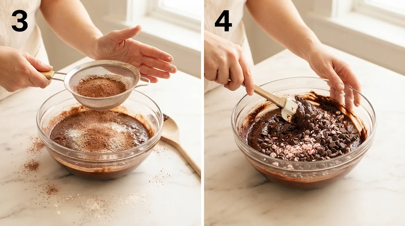 Sifting cocoa powder and flour over glossy brownie bread batter in a glass bowl / Folding chocolate chips and crushed candy cane into thick brownie bread batter