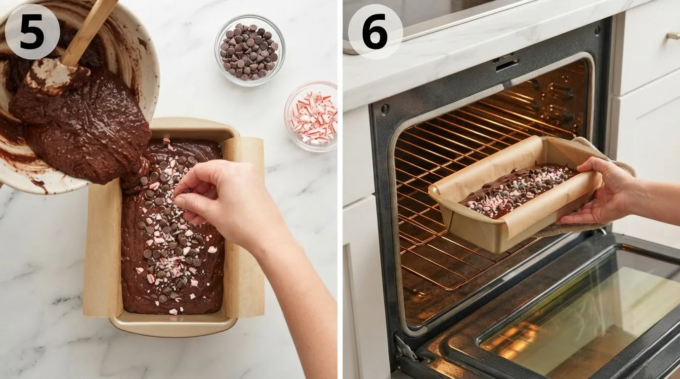 Pouring brownie bread batter into a gold loaf pan and topping with chocolate chips and candy cane / Peppermint brownie bread loaf pan going into a preheated oven