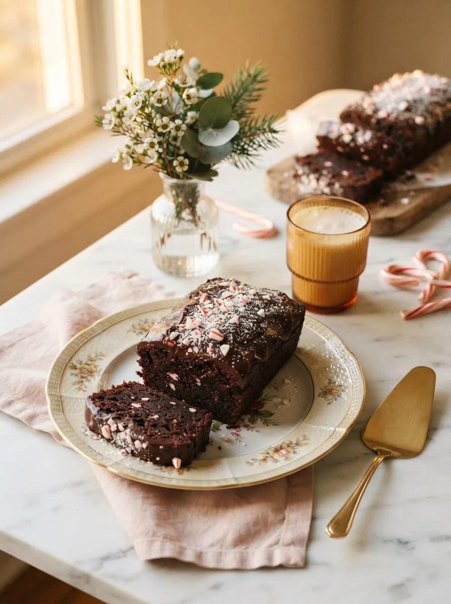 Holiday table scene with peppermint brownie bread, milk, and candy canes on a floral plate