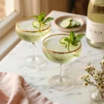 Persian cucumber cava sparkling in two coupe glasses with mint and cucumber ribbon garnish