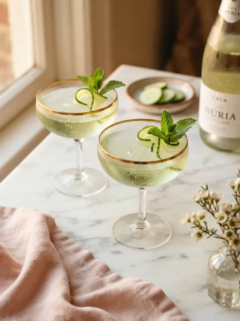 Persian cucumber cava sparkling in two coupe glasses with mint and cucumber ribbon garnish