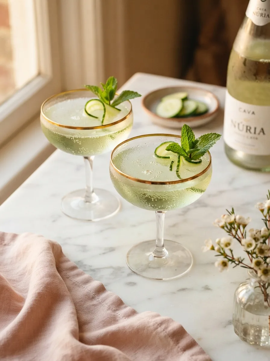 Persian cucumber cava sparkling in two coupe glasses with mint and cucumber ribbon garnish