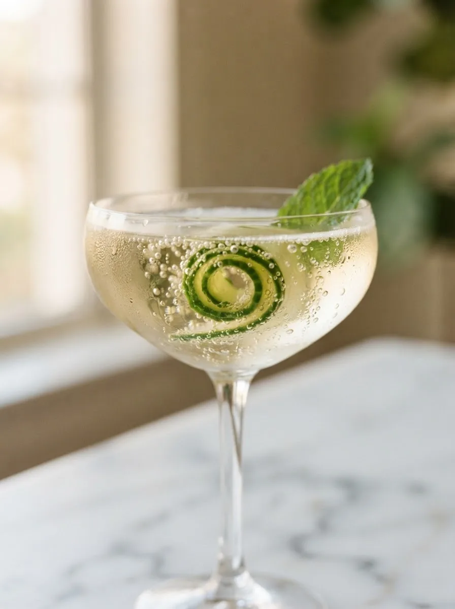 Close-up of a fizzy cucumber cava cocktail with bubbles rising past a curled cucumber ribbon