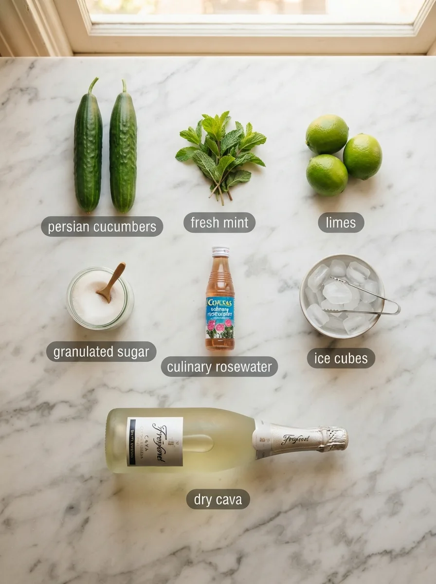 Ingredients for persian cucumber cava arranged on marble: cucumbers, mint, lime, rosewater, cava