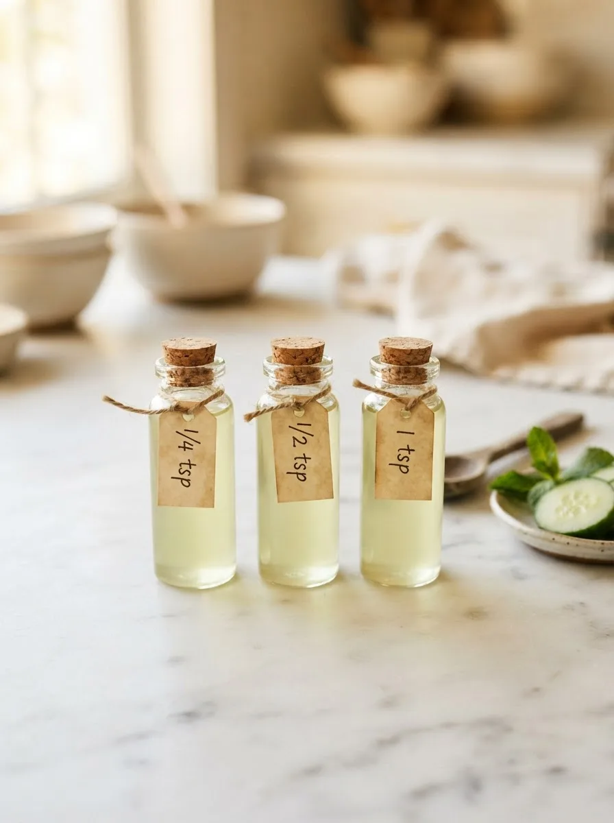 Side-by-side rosewater test showing subtle, balanced, and overpowering cucumber cava syrup