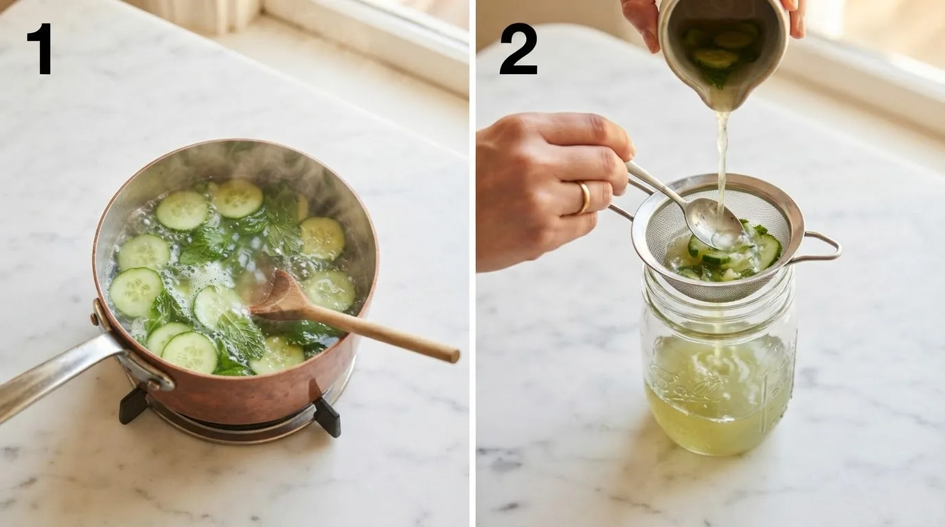 Simmering sliced Persian cucumber and mint in sugar syrup on the stovetop / Straining warm cucumber mint syrup through a fine mesh strainer into a jar