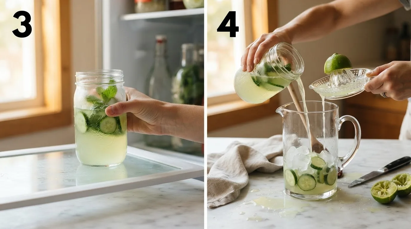 Stirring rosewater into strained cucumber mint syrup while still warm / Chilling cucumber mint syrup in a glass jar in the refrigerator