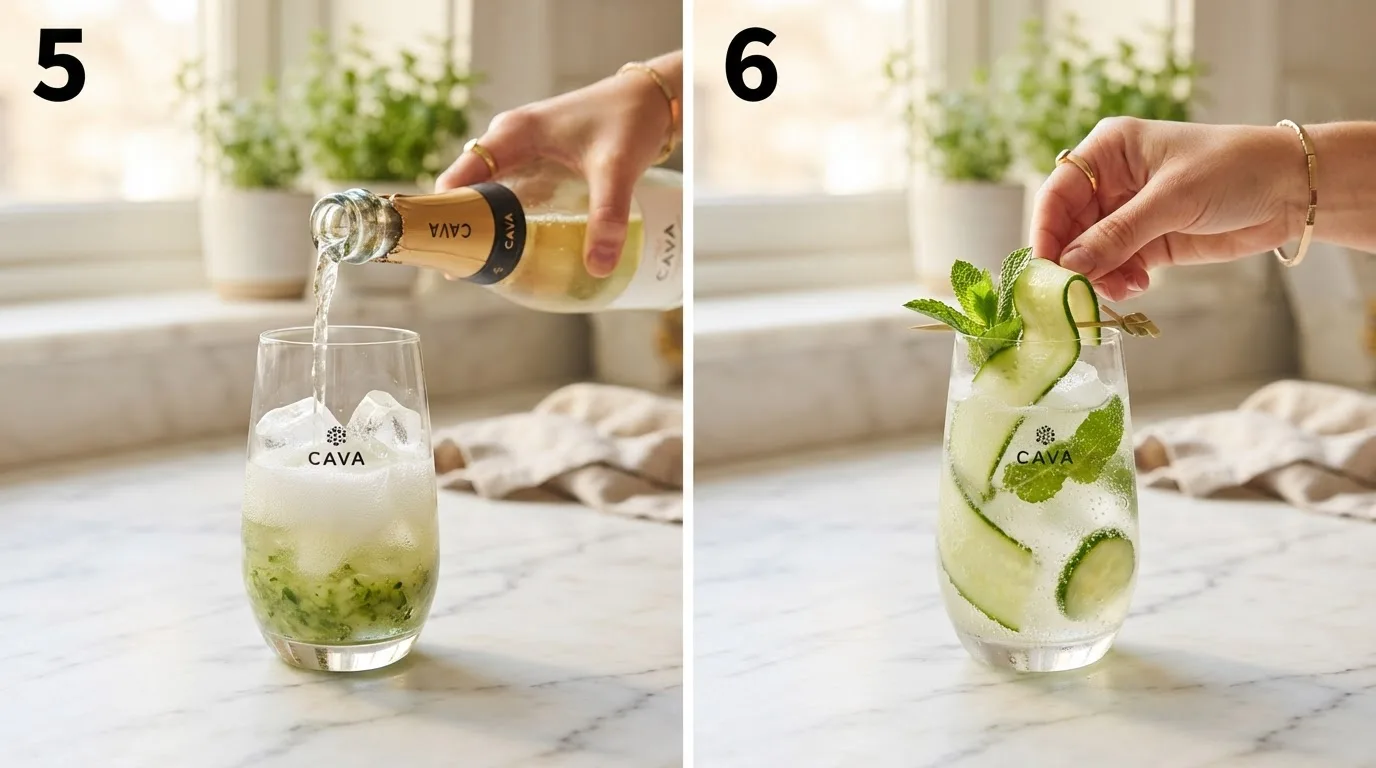 Pouring cold cucumber mint syrup and lime juice into a glass pitcher / Topping ice-filled glasses with chilled cava poured down the side