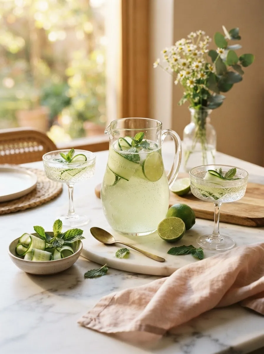 Pitcher of sparkling cucumber cava spritzer served on a linen-topped table with fresh limes and mint