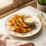 Golden crispy potato olés piled on a floral gold-rim plate with warm queso cheese sauce for dipping